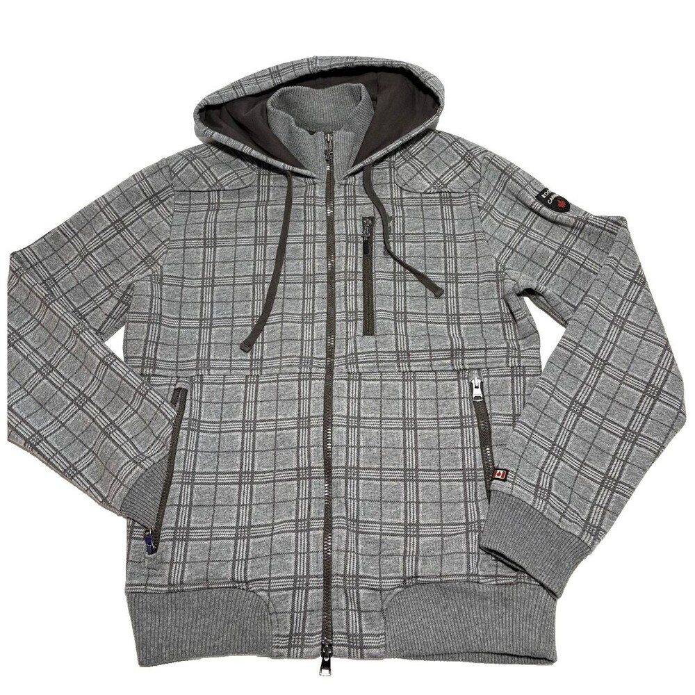 Roots Canada Mens Plaid Gray Maple Leaf Logo Zip Hooded Jacket Sweatshirt Sz M